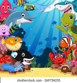 funny sea animals cartoon set