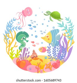 Funny Sea Animals In Circle. Marine Life. Ocean Wildlife.. Cute Vector Illustration. Template.