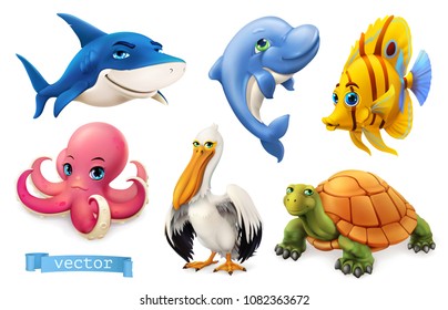 Funny sea animals and fishes. 3d vector icon set