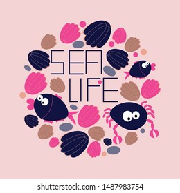 Funny sea animals hand drawn flat color illustration. Cute fishes and and crabs cartoon character. Hand drawing. Flat colorful vector illustration
