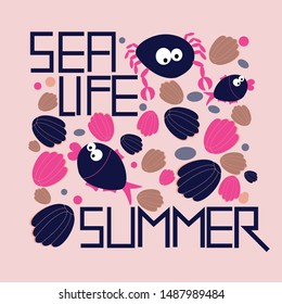 Funny sea animals hand drawn flat color illustration. Cute fishes and and crabs cartoon character. Hand drawing. Flat colorful vector illustration