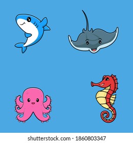 archivo vectorial de ilustración de animales de mar divertidos