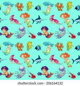 Funny sea animals with mermaids and background. The sides repeat seamlessly for a possible packaging or graphic