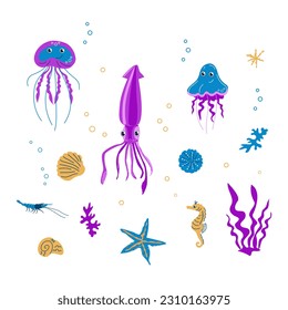 Funny sea animals for the nursery. Vector collection of illustrations isolated on a white background for decor, print, background