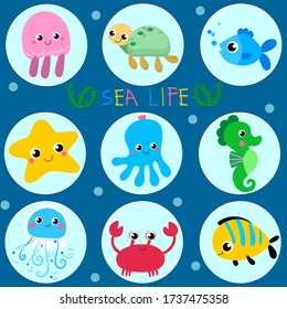 Funny sea animals.  Ocean wildlife. Cute illustration.Vector collection