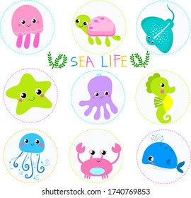 Funny sea animals.  Ocean wildlife. Cute illustration.