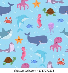 Funny sea animals underwater sea life seamless pattern vector illustration. Cute baby whale, shark, crab, ocopus and turtle with sea star kids background wrapping or textile.