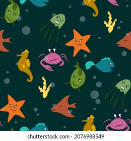 Funny sea animals underwater seamless pattern. Childrens background