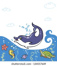 Funny sea animals in the waves. Dolphin Is it in the water, they all look at him. Children's picture bright colors. There is a place for your text.