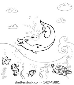 Funny sea animals in the waves. Dolphin Is it in the water, they all look at him. Children's picture bright colors. There is a place for your text.
