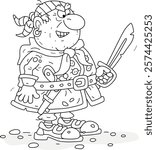 Funny sea combat-ready pirate with his old sharp saber and a pistol going to boarding a ship, black and white vector cartoon illustration for a coloring book