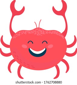 Funny sea crab in cartoon style, underwater world crustaceans, design, flat style vector illustration, isolated on white. Red joyful crab, baby image, for printing on fabric and children s clothing.