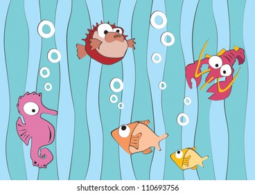 Funny sea creatures, lobster, fishes, dragonfly hiding in the seaweed