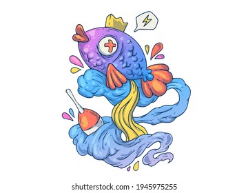 Pescado marino divertido. Ilustración de caricatura creativa. Imagen para impresión, publicidad, aplicaciones e impresión de camisetas.