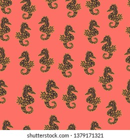 Funny Sea Horse. Cute seamless pattern for girls, boys, clothes, wallpaper. Hand drawn illustration. Watercolor illustration. Summer exotic symbol. Vector. Purple, yellow and pink, turquoise sea life.