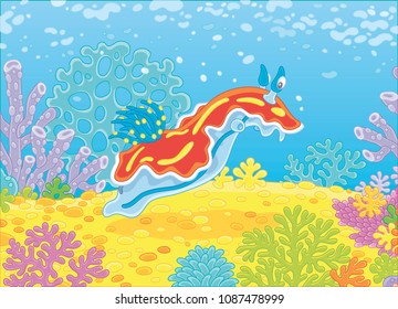 Funny sea monster mollusc swimming among colorful corals on a reef in a tropical sea, vector illustration in a cartoon style