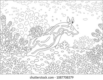 Funny sea monster mollusc swimming among corals on a reef in a tropical sea, black and white vector illustration in a cartoon style for a coloring book