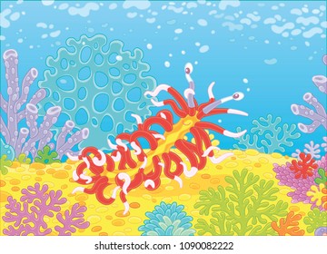Funny sea monster mollusc thousand-legs creeping among colorful corals on a reef in a tropical sea, vector illustration in a cartoon style