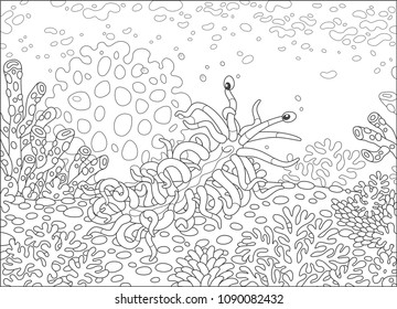 Funny sea monster mollusc thousand-legs creeping among corals on a reef in a tropical sea, black and white vector illustration in a cartoon style for a coloring book