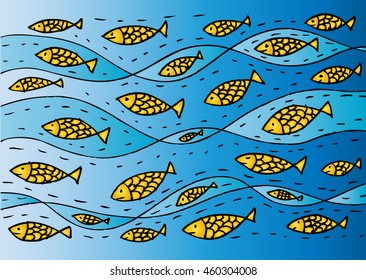  Funny sea pattern with fish. Hand drawing illustration.