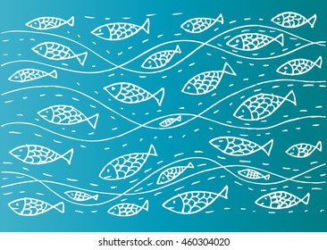  Funny sea pattern with fish. Hand drawing illustration.