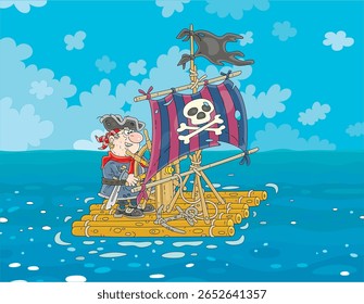 	
Engraçado pirata do mar flutuando em uma balsa de madeira com um volante, uma vela shabby com Jolly Roger e uma bandeira preta esfarrapada após naufrágio, ilustração de desenhos animados vetoriais
