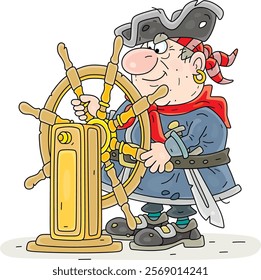 Funny sea pirate helmsman on watch turning a steering wheel of a sailing ship at sea, vector cartoon illustration on a white background