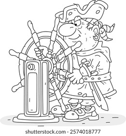 Funny sea pirate helmsman on watch turning a steering wheel of a sailing ship at sea, black and white vector cartoon illustration for a coloring book