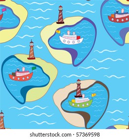 Funny sea seamless pattern with ships and lighthouse