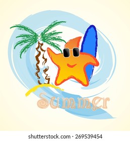 Funny sea star with surfboard