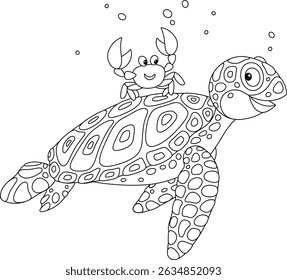 Funny sea turtle and a small crab swimming in a tropical sea, black and white outline vector cartoon illustration for a coloring book