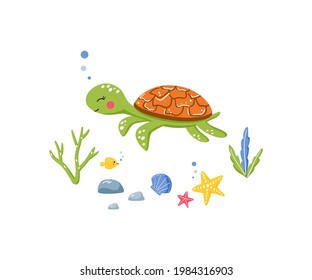 Funny sea turtle vector illustration. Tortoise swimming underwater on coral reef. Tropical fishes, seashells and seaweeds hand drawn in cartoon style