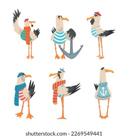 Se montan graciosos capitanes de gaviota. Personajes de marineros de aves en ilustración vectorial de dibujos animados de gorras y bufanda