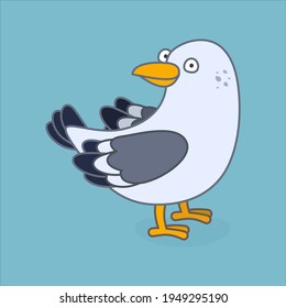 Funny seagull character in cartoon style. Flat kid graphic. Isolated vector illustration.