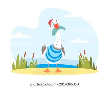 Funny Seagull Character with Fish in Bill Standing on Sea Shore Vector Illustration