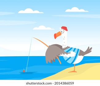 Funny Seagull Character with Fishing Rod on Sea Shore Vector Illustration