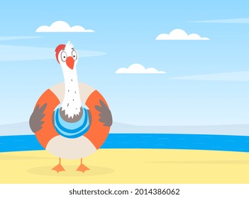 Funny Seagull Character with Lifebuoy on Sea Shore Vector Illustration