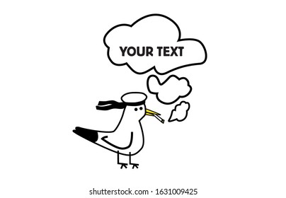 Funny seagull character like a sailor or seaman smoking cigar