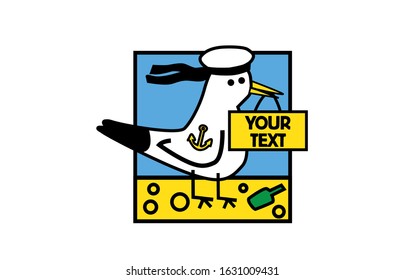 Funny seagull character like a sailor in sea hat with anchor tattoo on a beach