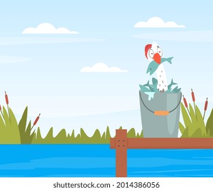 Funny Seagull Character on Berth Sitting in Bucket with Fish Vector Illustration