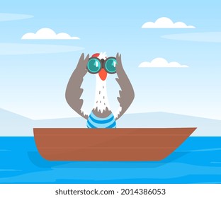 Funny Seagull Character in Sailing Boat Looking in Binoculars Vector Illustration