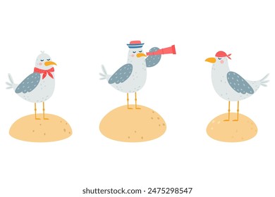 Funny seagull characters vector illustration. Simple cartoon style.