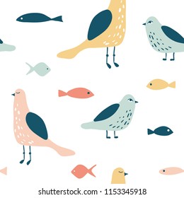 Funny seagull and fish seamless pattern. Hand drawn nautical illustration. Marine vector background. Cute cartoon birds. Modern minimal texture for kids textile, fabric, paper