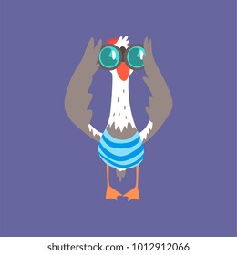 Funny seagull looking through binoculars, cute comic bird character cartoon vector illustration