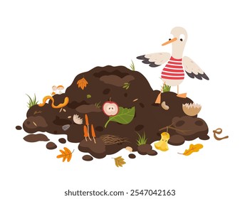 Funny seagull is poking around in compost heap. Sea bird finding food, ocean ecology problems. Cartoon organic trash in soil, leaves and fruits, vector scene