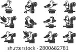 Funny seagull silhouette set interacting with periscopes and nautical equipment as a creative vector marine graphic