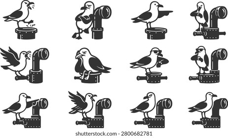 Funny seagull silhouette set interacting with periscopes and nautical equipment as a creative vector marine graphic