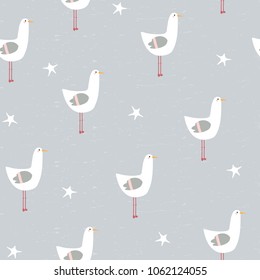 Funny seagull and starfish seamless pattern. Vector hand drawn illustration.