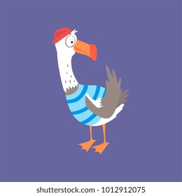 Funny seagull in a striped vest, cute comic bird character cartoon vector illustration