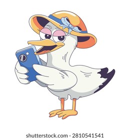 Funny Seagull Tourist in Sun Hat Taking Selfie with Smartphone
